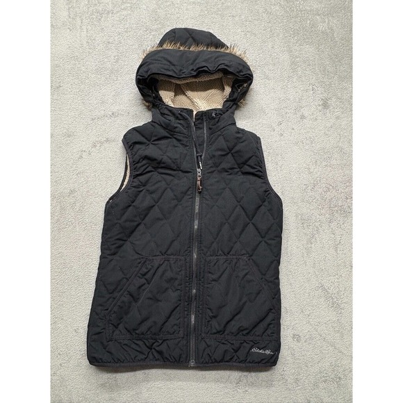 Eddie Bauer Hooded Vest Womens Small Black Sherpa‎ Lined Quilted Fur Ruff - Picture 1 of 7